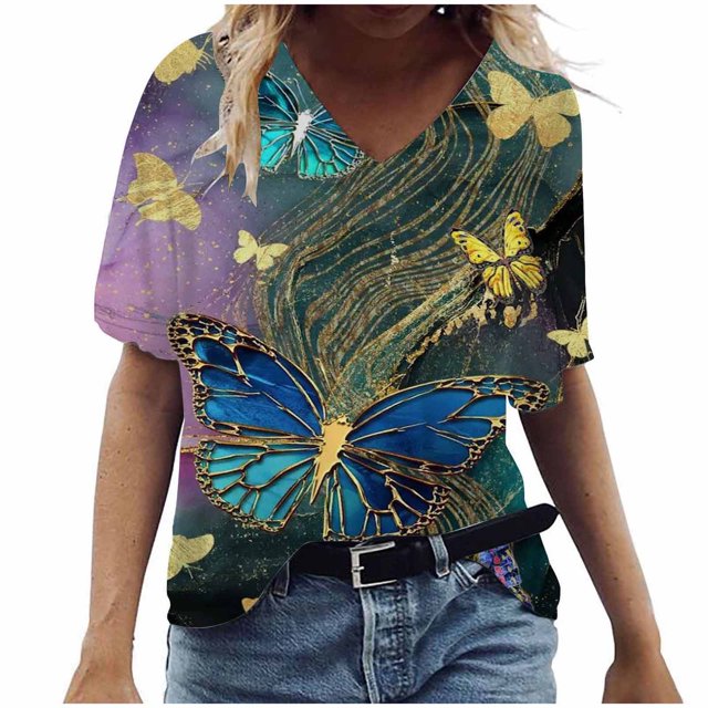 Birdeem T-Shirt à Col en V pour Femmes, Mode Décontractée, Grande Taille, Imprimé de Fleurs Pittoresques