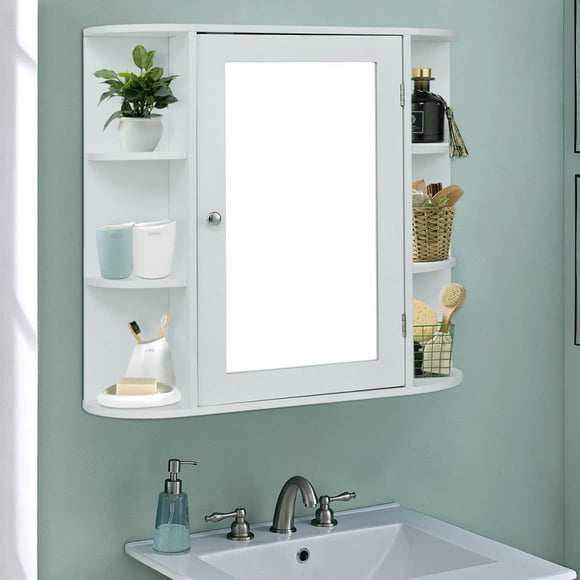 Ktaxon Wooden Bathroom Medicine Cabinet with Mirror Door & 8 Shelves, Wall Mounted Storage Organizer, White