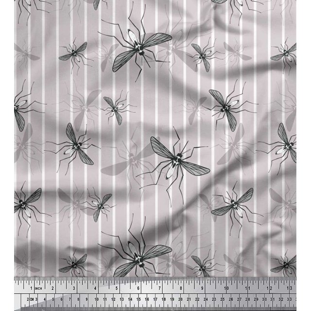 Soimoi Grey Silk Fabric Stripe & Mosquito Insects Fabric Prints By Yard 42 Inch Wide