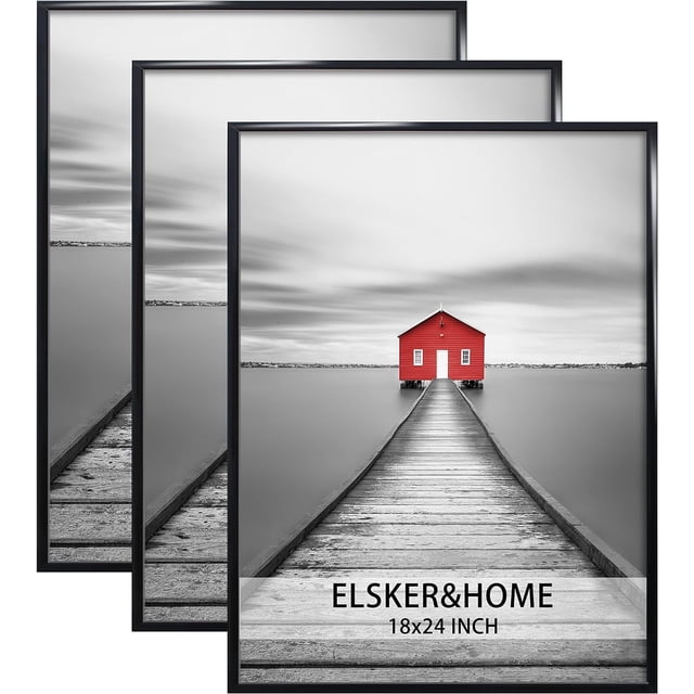 ELSKER&HOME 18x24 poster frame 3 pack in black, featuring a modern and aesthetic design. Each frame is lightweight with durable MDF backboards and can be mounted horizontally or vertically on walls. The set is ideal for displaying posters, photos, or prints in homes, offices, or galleries. The image shows three identical black frames with a red house print, arranged in a slightly overlapping layout.