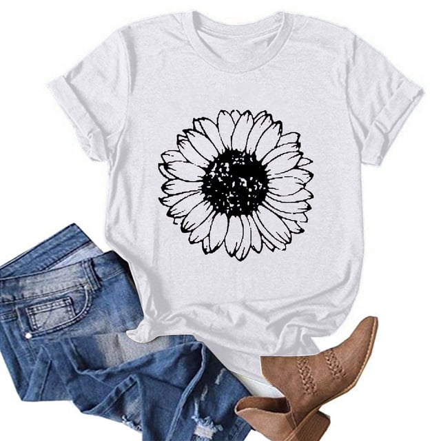 Lolmot T-Shirts Graphiques pour Femmes, Mode Femmes Nouveau Style T-Shirts à Imprimé Floral Amples à Manches Courtes Col Ras du Cou Blouses d'Été Décontractées Hauts pour Dames