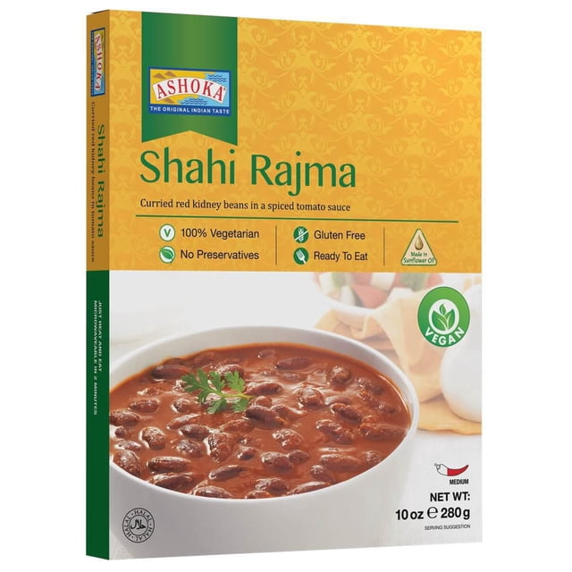Prêt à Manger - Shahi Rajma dans une Boîte Ashoka Jaune et Verte Montrant des Haricots Rouges au Cari dans une sauce Tomate Épicée dans un Bol Blanc, Étiqueté 100 % Végétarien, Sans gluten, Sans Agents de Conservation, Végétalien, Fait avec de l'Huile de Tournesol, Épice Moyenne, Poids net 10 oz (280 g), Idéal pour une Préparation Rapide de Repas Indiens.