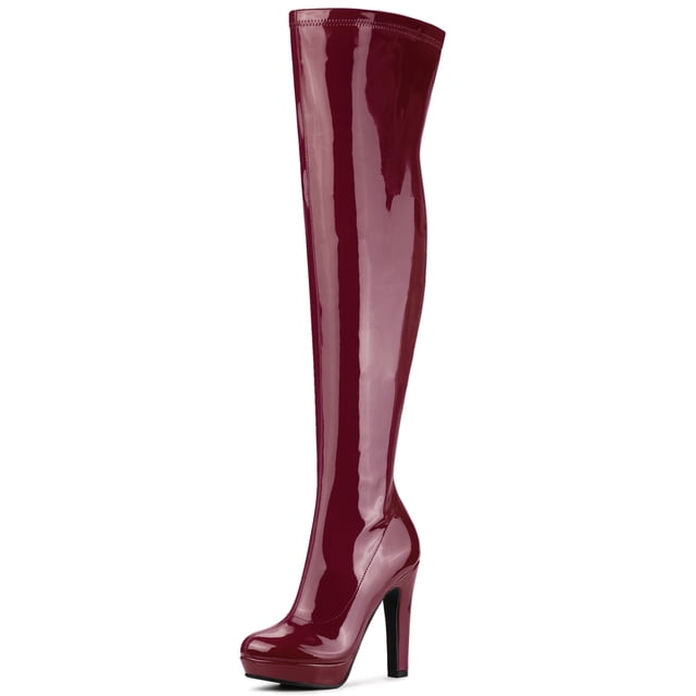 Unique Bargains Women's Patent Leather Platform Chunky Over Knee High Boots