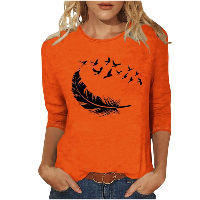 Dadaria Chemise Orange pour Femmes Manches 3/4 T-Shirt Col Rond Été Chandail Blouses m