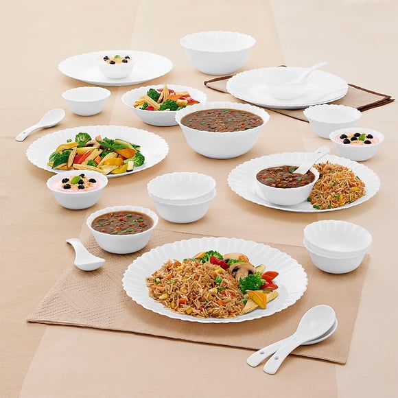 Larah Plain White Silk Series Opalware Dinner Set - 27 Pieces For Family Of 6, White | Crockery Set For Dining & Gifting - Bone Ash Free, Microwave & Dishwasher Safe