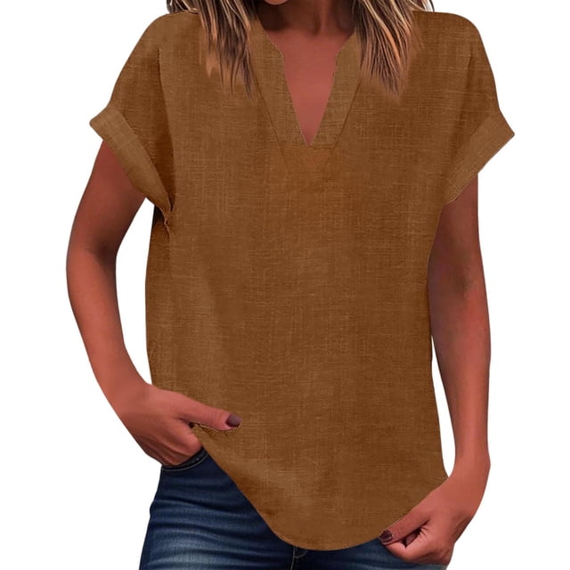 WEIYLL Ladies T Shirts Summer Loose Fit V Neck Curved Hem Flowy Solid Coffee Tee Sizes S
