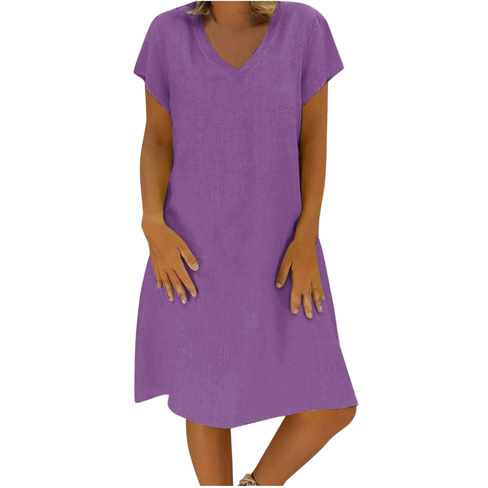 Robe d'Été pour Femmes Aguichant Mode Femmes Ample à Col en V Été Uni à Manches Courtes Robe en Coton et Lin Robe d'Été Ample pour Femmes Robe d'Été pour Femmes avec Manches