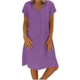 thumbnail image 2 of Robe Midi Mode Femme Ample Col en V Été Manches Courtes Coton et Lin Robe de Travail en Liquidation, 2 of 5