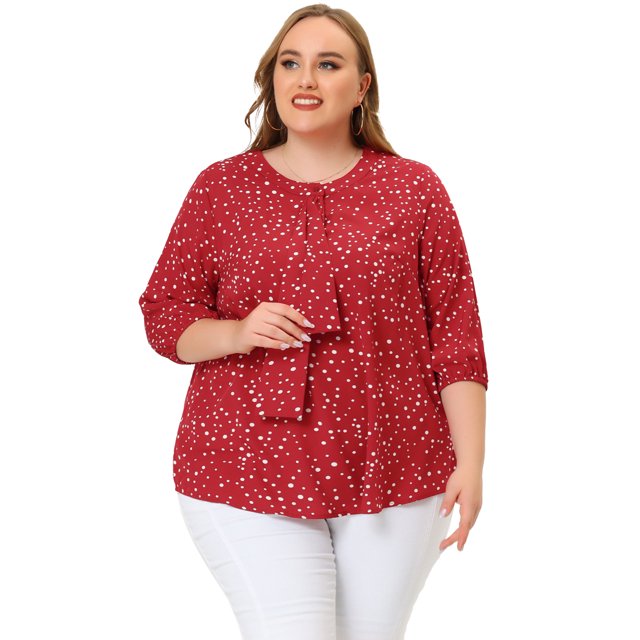 Agnes Orinda Blouse en Mousseline de Bureau à Volants pour Femme Grande Taille, Col Rond Noué au Cou, 3X Rouge Blanc