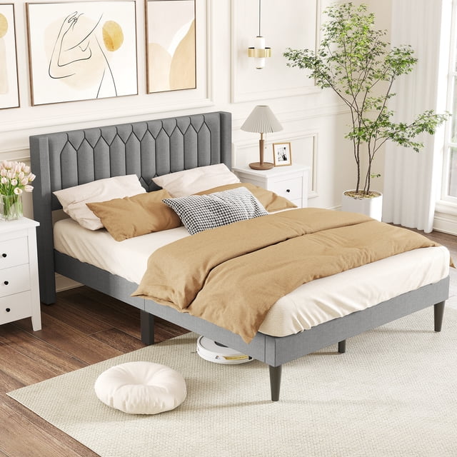 Gymax Queen Size Bed Frame Linen Fabric Upholstered Platform Bed w/Wingback Headboard Gray