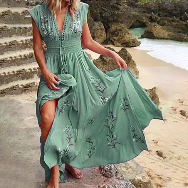 Robes pour Femmes 2024 Été Surdimensionnée Imprimée Col en V Bohème Ventilée Sexualité Robe Flottante Rabais de 50 % Liquidation!