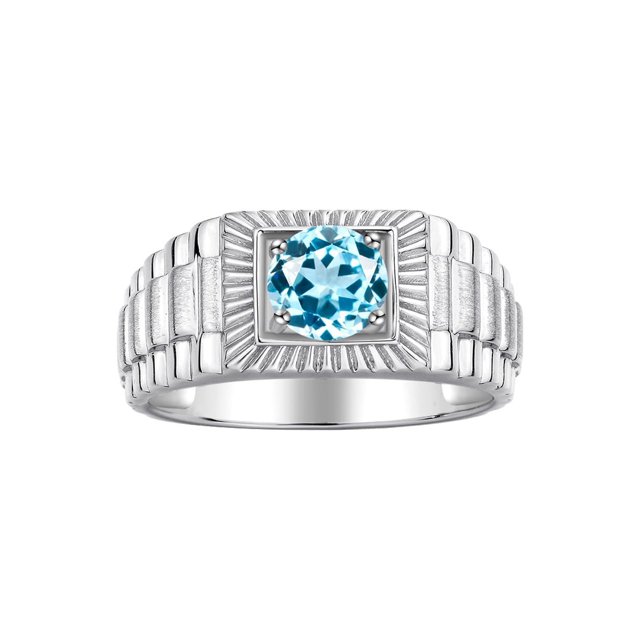 RYLOS Men's Ring 14K White Gold Ring, 7MM Round Shape Gemstone Designer Style Rings Blue Topaz December Birthstone Rings Gold Size 11