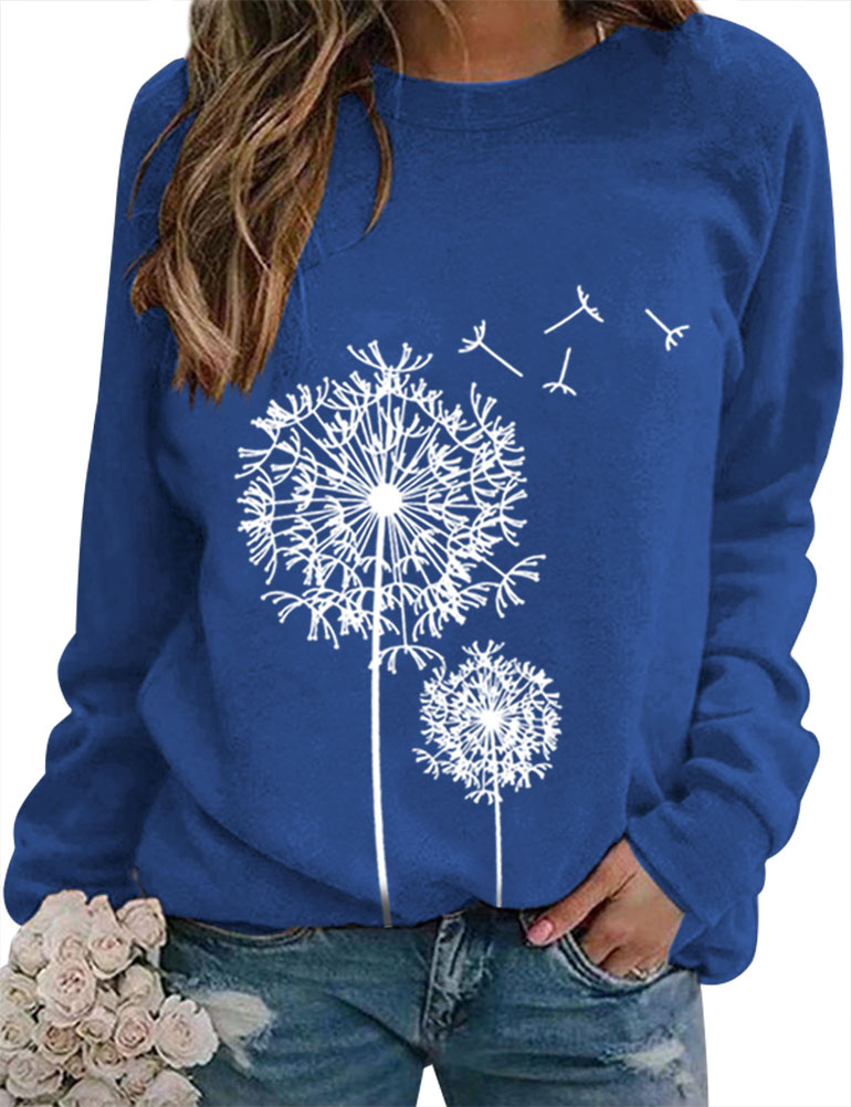 ZXZY Women Dandelion Graphic Print Round Neck Long Sleeve Pullover