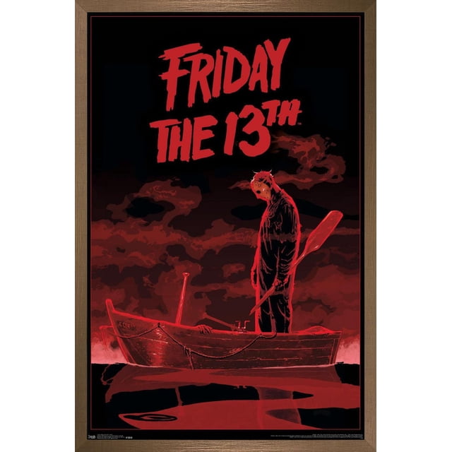 Friday The 13th - Boat Wall Poster, 22.375" x 34", shows a masked figure standing in a wooden rowboat holding a paddle beneath a red and black cloudy sky with bold red title text above, suitable as horror movie wall art for home décor or party decoration.