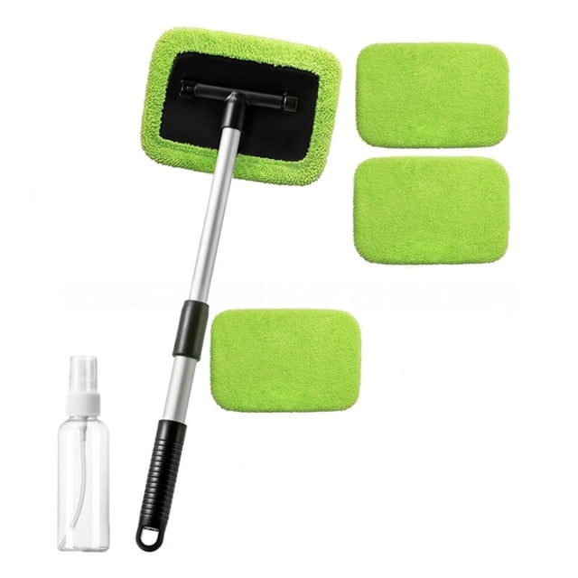 Birdeem Car Windshield Cleaner Tool with Extendable Handle, 180-Degree Pivoting Head for Inside Window Cleaning, Includes 4 Reusable Washable Pads and Spray Bottle