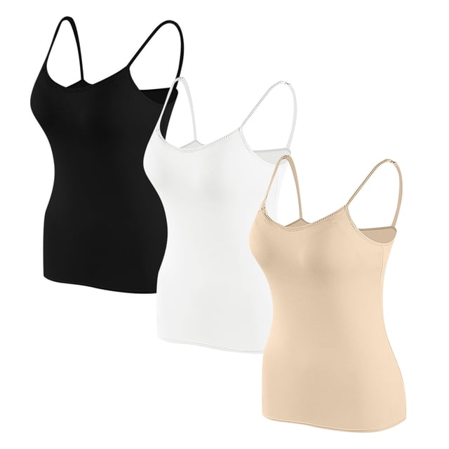 Timegard Camisoles pour Femmes 3 Pcs avec Soutien-Gorge Intégré Col Rond Bretelles Spaghetti Ajustées Douces Maillots de Corps Décontractés Hauts de Pyjama