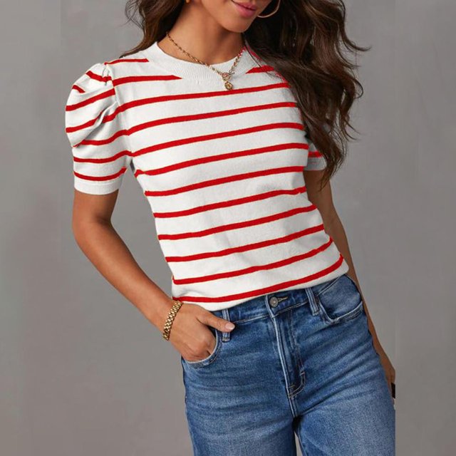SDNall Femmes Manches Courtes Tricot Tops à la Mode Col Rond Rayé T-Shirts d'Été Casual Chemisiers
