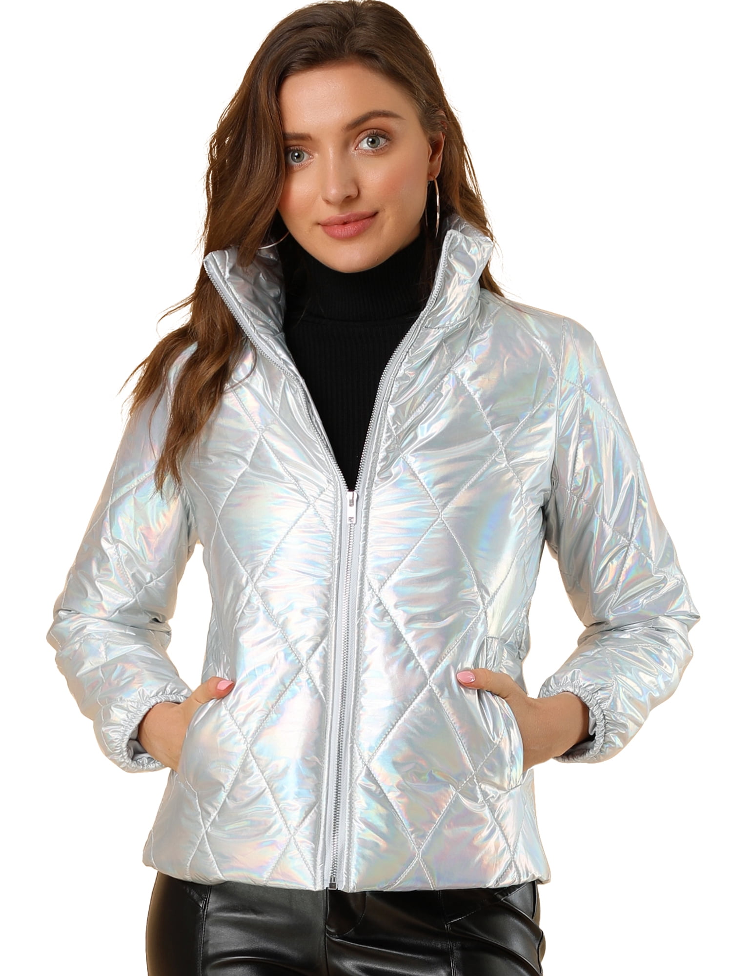 INSPIRE CHIC Women's Holographic Zipper Quilting Metallic Cropped Puffer Jacket