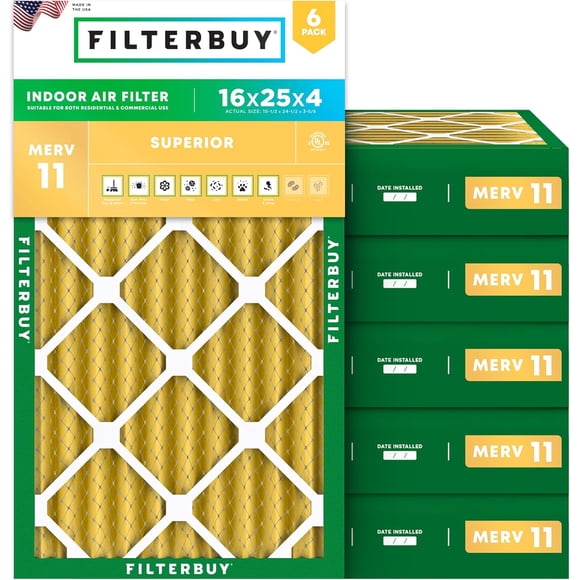 Filterbuy 16x25x4 Air Filter MERV 11 Allergen Defense, HVAC AC Furnace Air Filters Replacement (6-Pack)