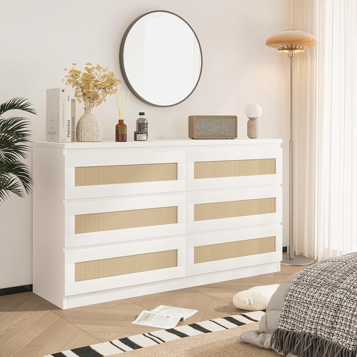 6 Drawer Double Dresser for Bedroom, Rattan Dresser with Smooth Mental Slide, Modern Wood Chest for Closet, Living Room, Hallway, White