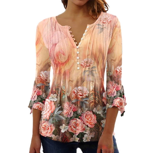 maskred 3/4 Manches Tops Swing T-Shirt Été Tunique Lavable Attrayant Exquis Multicolore Dames à la Mode Chic Plage Orange