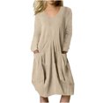 thumbnail image 2 of CHGBMOK Robe à Manches Longues avec Poches pour Femmes, Coton Lin, Couleur Unie, 2 of 8