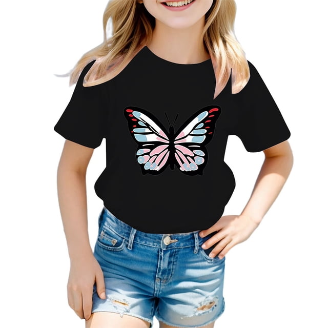 GDREDA Vêtements Fille Enfants Filles Mignon Imprimé Graphique Col Rond Manches Courtes Tee Été Décontracté T-Shirt Tunique T-Shirt pour Fille Noir, 7-8 Ans