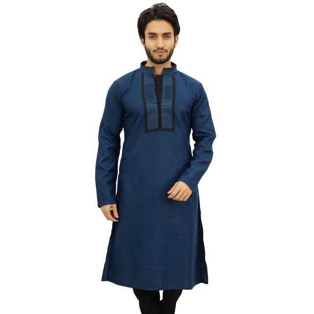 Atasi Chemise Tunique Décontractée pour Homme à Col Mandarin en Coton Bleu Long - Moyen