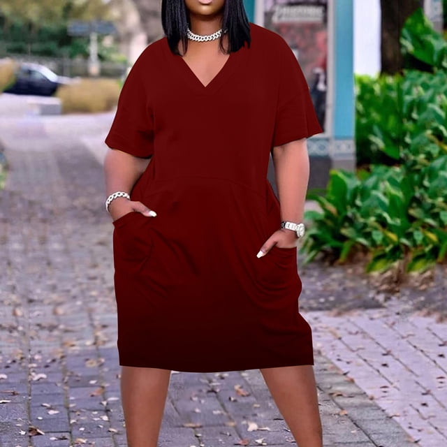 Robes Grande Taille pour Femmes Robe Grande Taille pour Femmes Col en V Été Décontractée Robes d'Été Poche Genou Manches Courtes avec Poches en Liquidation