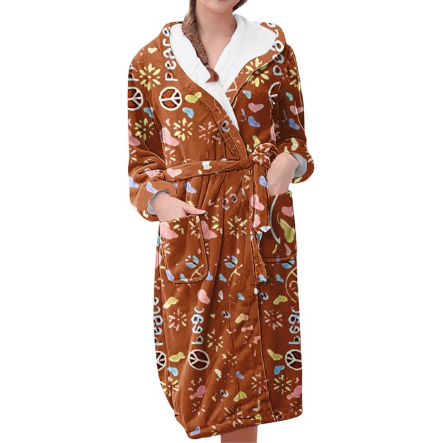 Jindong Plush Robes for Women Women's Fleece Plush Robe Long Warm Plush Bathrobe Loungewear Jacket Printed Comfort Robe Womens Robes