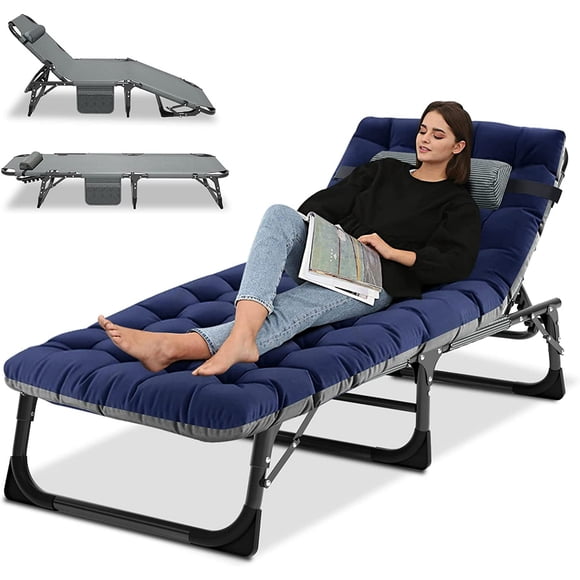 Slsy Lit de Camp Pliant Portable avec Matelas à 2 Côtés et Oreiller, Chaise Longue Pliante Réglable à 5 Positions, Lit de Camp Pliant