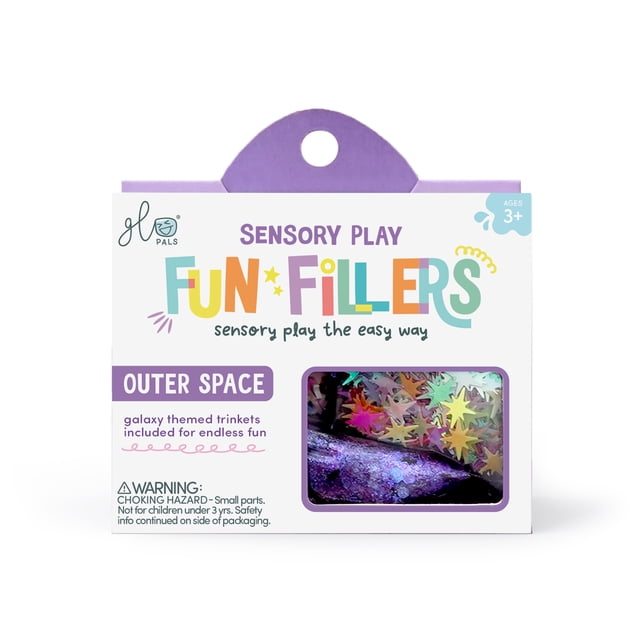 Glo Pals Fun Fillers Jouet Sensoriel pour Enfants sur le Thème de l'Espace. l'Emballage Présente des Bibelots Colorés à Thème Galaxie, Incluant des Pièces en Forme d'Étoile, Conçus pour Améliorer le Jeu Sensoriel. Convient aux 3 Ans et Plus, s'Agence Bien avec des Bacs Sensoriels Ou le Pot de Jeu Sensoriel Glo Pals.
