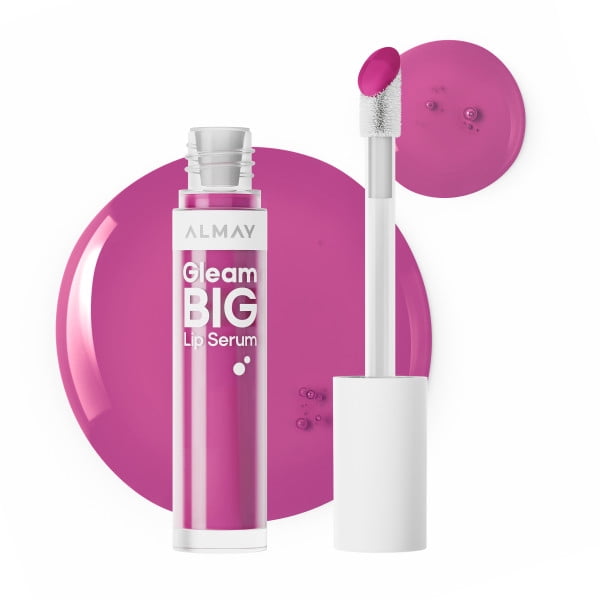 Almay Gleam Big Lip Serum 400 Berry Excited with a clear tube and white cap featuring a plush applicator wand, filled with bright berry pink lip serum, displayed with two glossy swatches on white background, emphasizing its hydrating lip plumper properties.