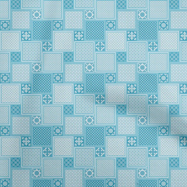 oneOone Viscose Chiffon Turquoise Blue Fabric Asian Block Tile Sewing Craft Projects Fabric Prints By Yard 42 Inch Wide