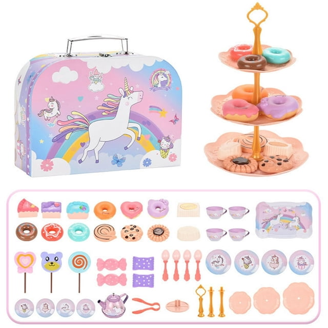 48Pcs Toy Tea Set for Little Girls Afternoon Tea Set Toy Interactive Pretend Party Tea Set Toy Reusable Simulation Teacup Toy Including Teapot Cups Candy Desserts Tea Party Set Toy for Ki
