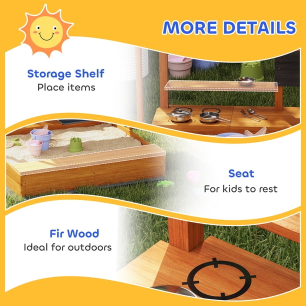 Outsunny Kids – Bac à sable avec couvercle, boîte à sable en bois avec couvercle ajustable, ensemble de jeu de cuisine, siège, rangement, jeu de sable extérieur pour 3-7 ans, 45 x Outsunny Kids – Bac à sable avec couvercle, boîte à sable en bois avec couvercle ajustable, ensemble de jeu de cuisine, siège, rangement, jeu de sable extérieur pour 3-7 ans, 45 x