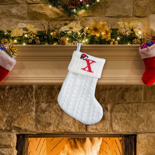 Fridja 8 Inch Mini Initial Christmas Stocking Monogram Embroidered Christmas Stocking White Knitted Small Christmas Stocking Decorations for Fireplace Mantle Christmas Wall