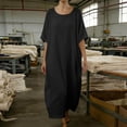 thumbnail image 4 of Pisexur Robes pour Femmes Classique Coton Lin Robe Maxi Couleur Unie Col Rond Manches Courtes Robe de Vacances pour la Plage Décontractée Ample Robes d'Été pour Femmes P-2TG,Noir, 4 of 5