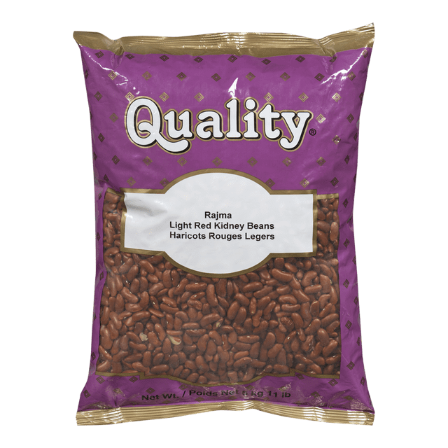 QUALITY Light Red Kidney Beans, Premium Dried Legumes, packaged in a 4.989 kg (11 lbs) bulk foodservice bag. The purple and gold bag includes a clear window showcasing the beans, emphasizing their vibrant light red color. Perfect for bulk dried bean storage and recipes like chili, stews, and salads, offering plant-based protein and fiber for high-volume kitchens.