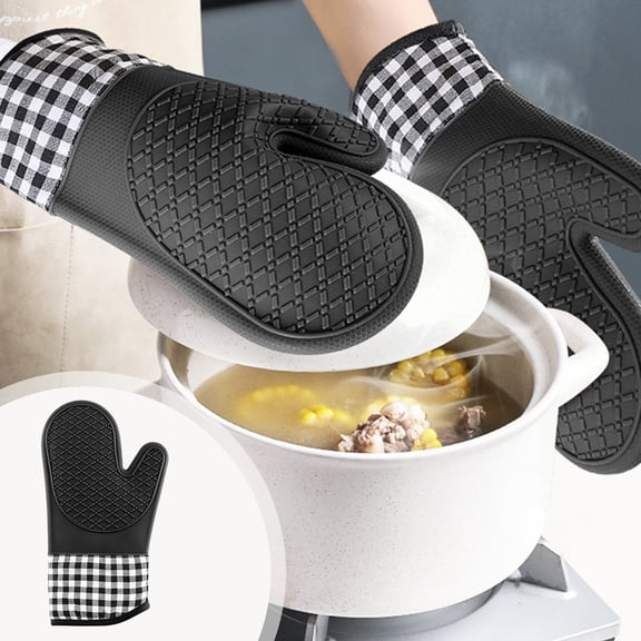 pstuiky Silica Gel Gloves and Potholder Set Kitchen Baking Oven Microwave Heat Resistant Insulation Gloves with Twill Cuffs Non Slip Pot Holder Mat Cooking Grilling Bbq