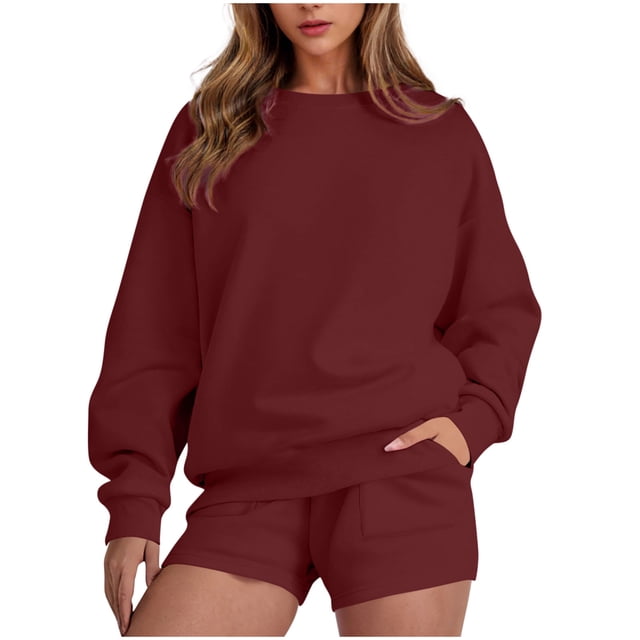 HAiming Ensemble 2 Pcs pour Femmes Chandail Col Rond Chandails en Molleton et Shorts Surdimensionnés Amples