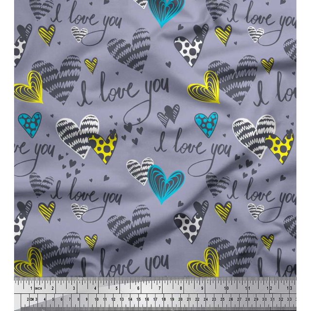 Soimoi Grey Rayon Fabric Heart & I Love You Text Fabric Prints By Yard 42 Inch Wide