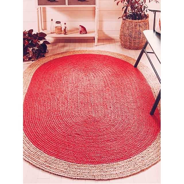 Indian Handmade Braided Inner Red Natural Jute Area Rug, Home Décor Rug, Jute Rug for Bedroom, Dining Room, living room, Doormat Rug Size - 9' x 12' Oval (270 cm x 360 cm)