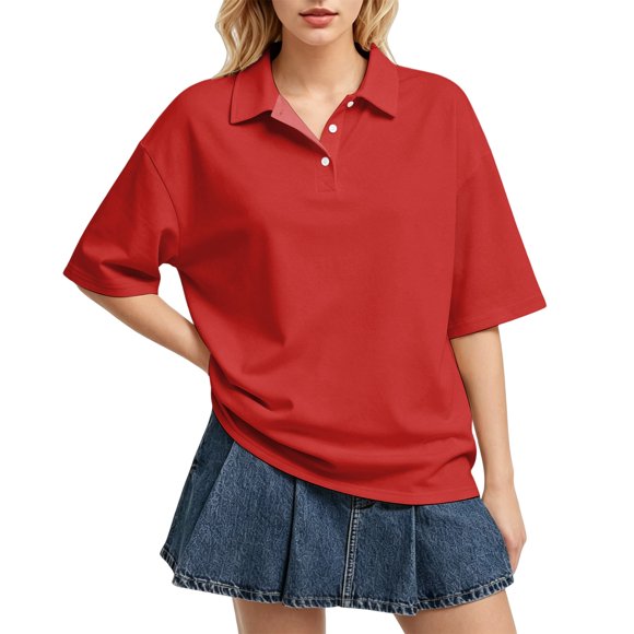 Sewkxo Women Short Sleeve Solid Color Polo Shirt Oversized Collar Y2k Pullover T Shirt Casual Loose Streetwear Rugby Sweatshirt,Red L