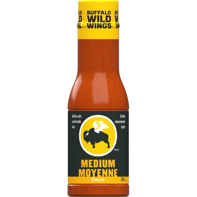BWW Medium Sauce bottle with yellow cap and black label featuring Buffalo Wild Wings logo, containing 355 mL of medium heat buffalo hot sauce suitable for dipping, marinating, or glazing dishes.