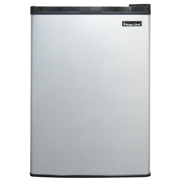 Magic Chef 2.6 Cu. ft. Mini Refrigerator in stainless look with black top and bottom trim, compact rectangular design, Magic Chef logo, and ENERGY STAR certification for energy-efficient cooling in small spaces.