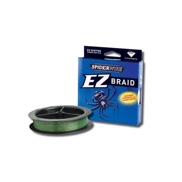 Spiderwire Ez Braid Moss Green 110 Yds. - 10 Lbs. spool of green braided fishing line next to its blue box packaging with spider graphic, designed for smooth, strong, and sensitive fishing line performance ideal for effortless long casts and durable use.