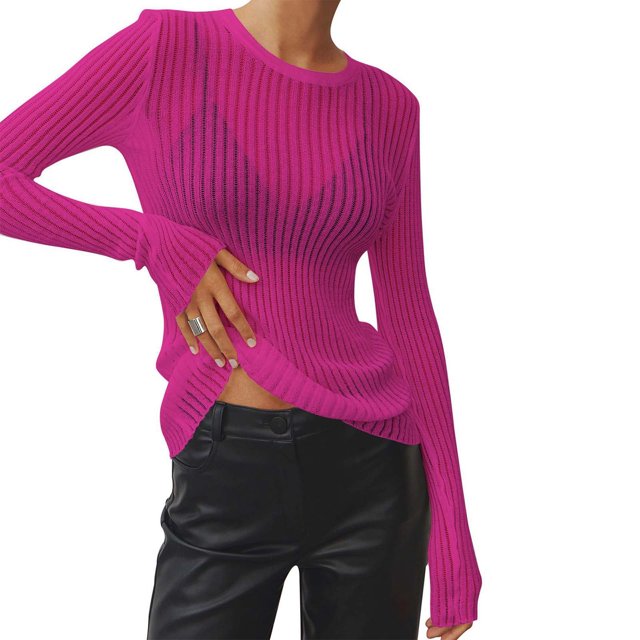 Birdeem Womens Solid Color Long-Sleeved Pitted Round Neck Breathable Knitted Hollow Blouse Sweater