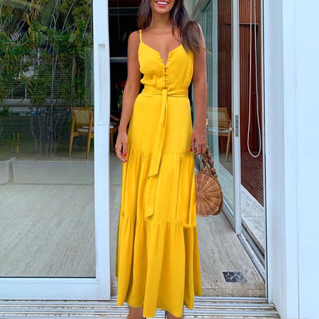 Drppepioner Robes Femmes Été Mode Femmes Été Bohème Robe Mi-Longue à Bretelles Jaune 12(TTG)