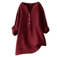 thumbnail image 1 of RKSTN Womens Tops Cotton and Linen V-Neck Long Sleeve Three Buttons Plus Size Tops Loose Fit Solid Color Basic Breathable Summer Tops Blouses, 1 of 5